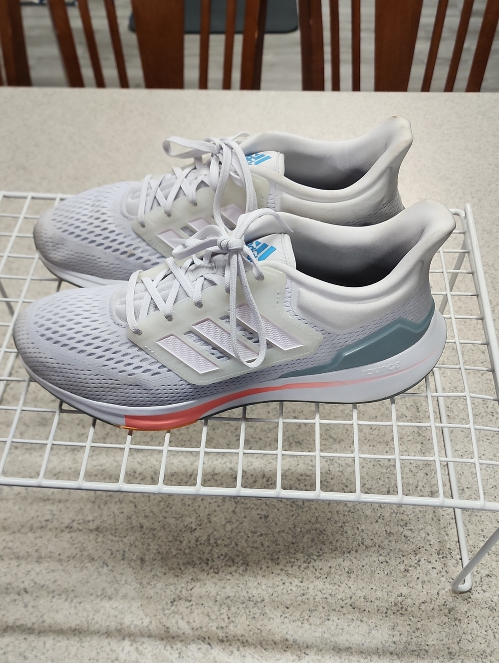 adidas White Running Shoes with Blue and Coral Accents